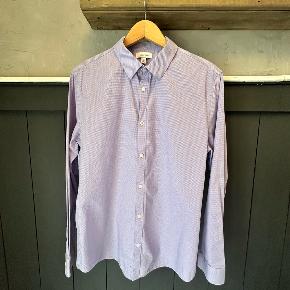 Calvin Klein Men's Light Lavender No Iron Small Check Button-Down Dress Shirt  L
